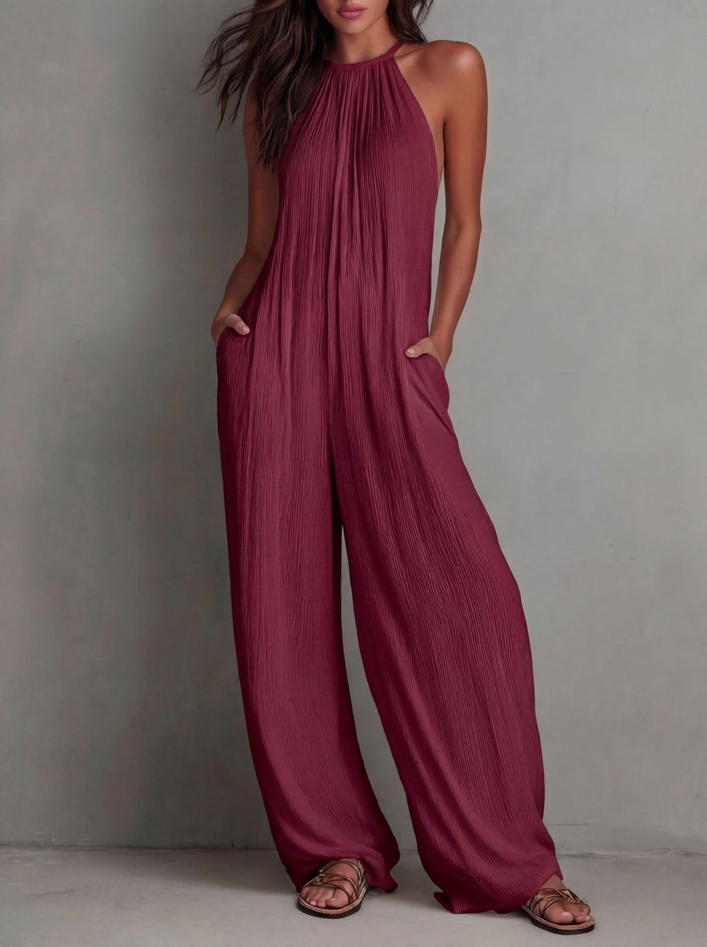 Becimi Women's Pleated Backless Halter Jumpsuit