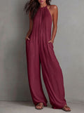 Becimi Women's Pleated Backless Halter Jumpsuit