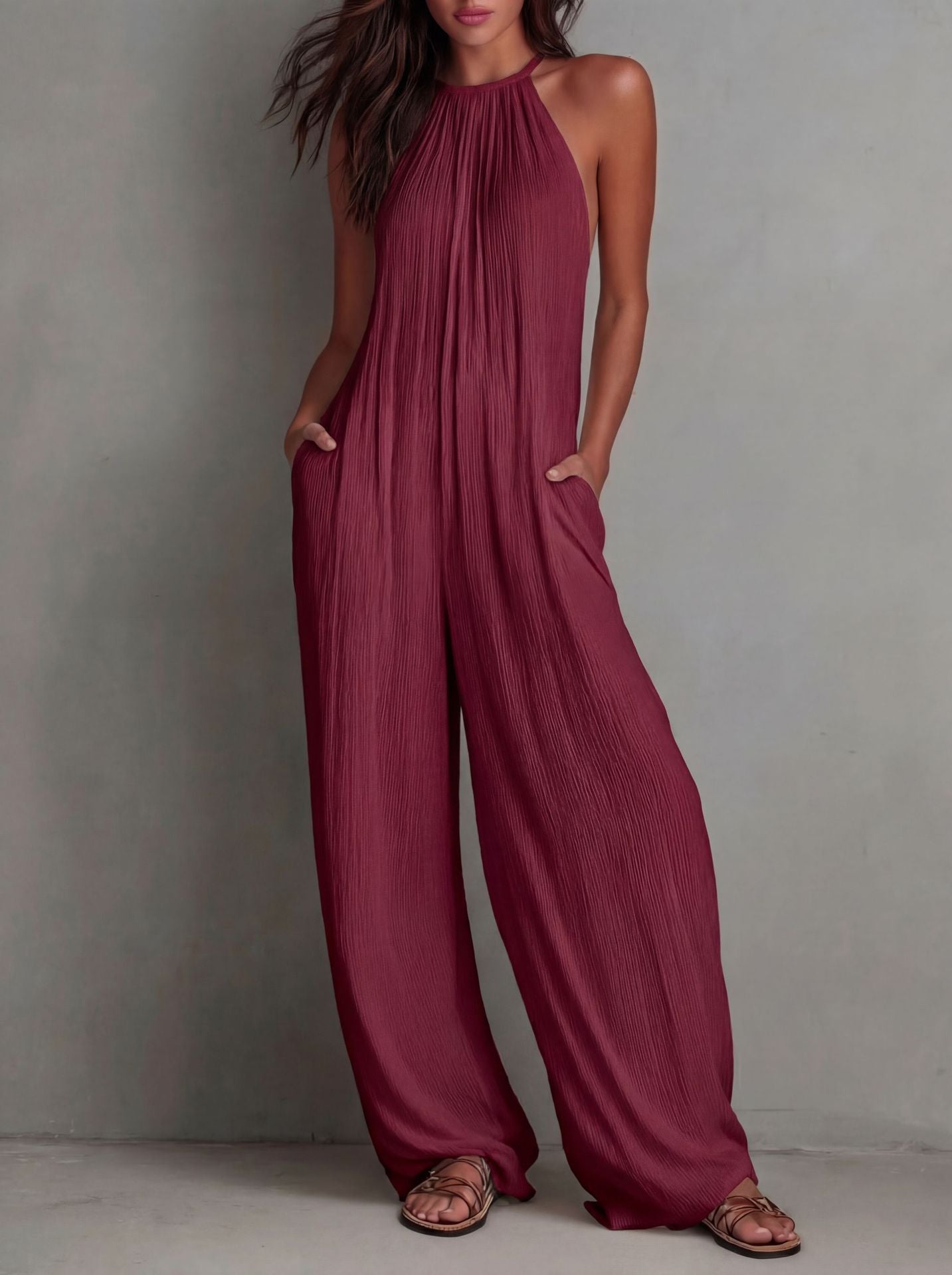 Becimi Women's Pleated Backless Halter Jumpsuit