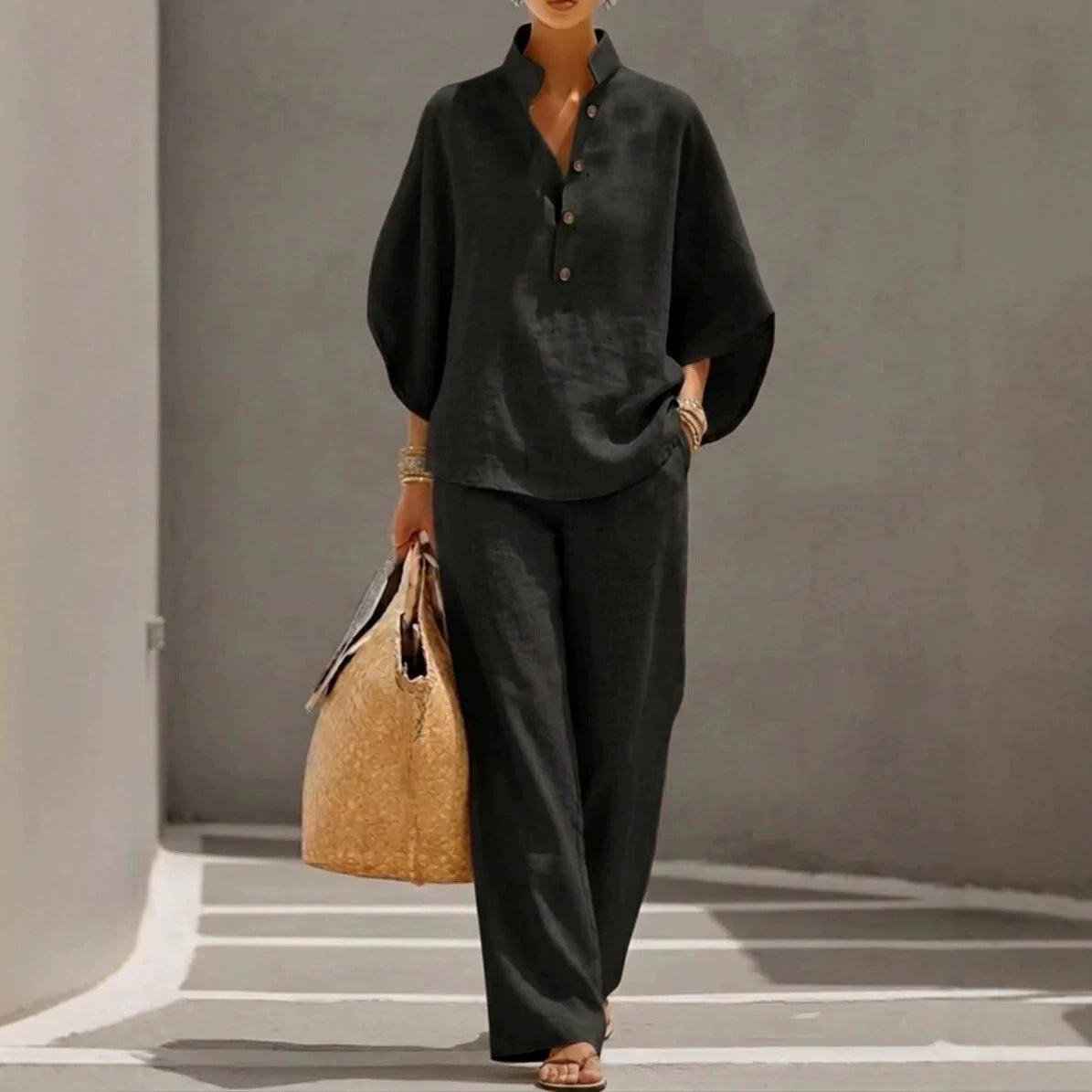 Women's V-Neck Top & Straight-Leg Pants Set