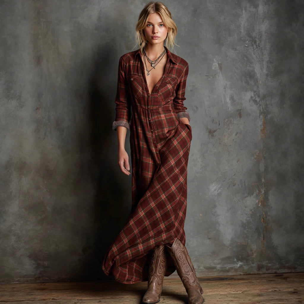 Becimi Women's Plaid Long Sleeve A-Line Dress