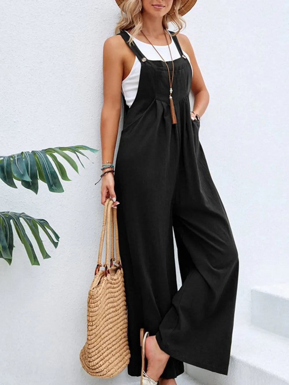Women's Square-Neck Wide-Strap Overalls