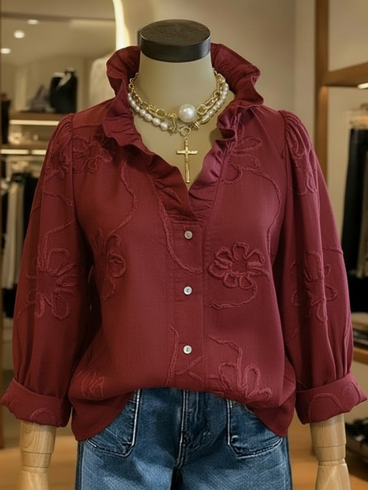 Women's Lace-Trim Printed Cotton-Linen Shirt
