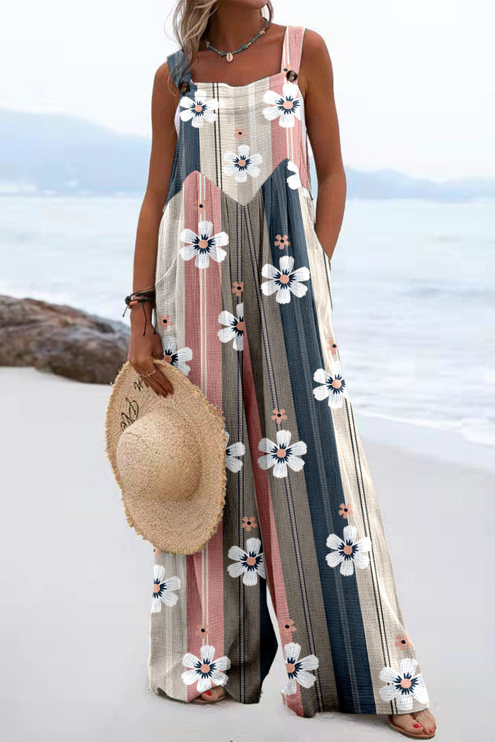 Women's Plaid Floral Backless Jumpsuit