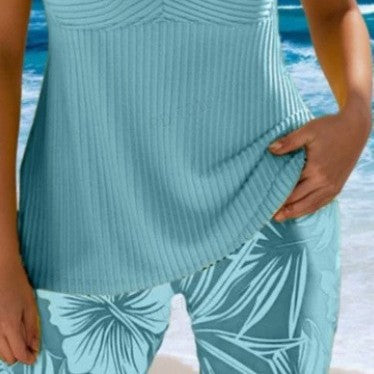 Elegant pit stripe fabric double shoulder skirt swimsuit