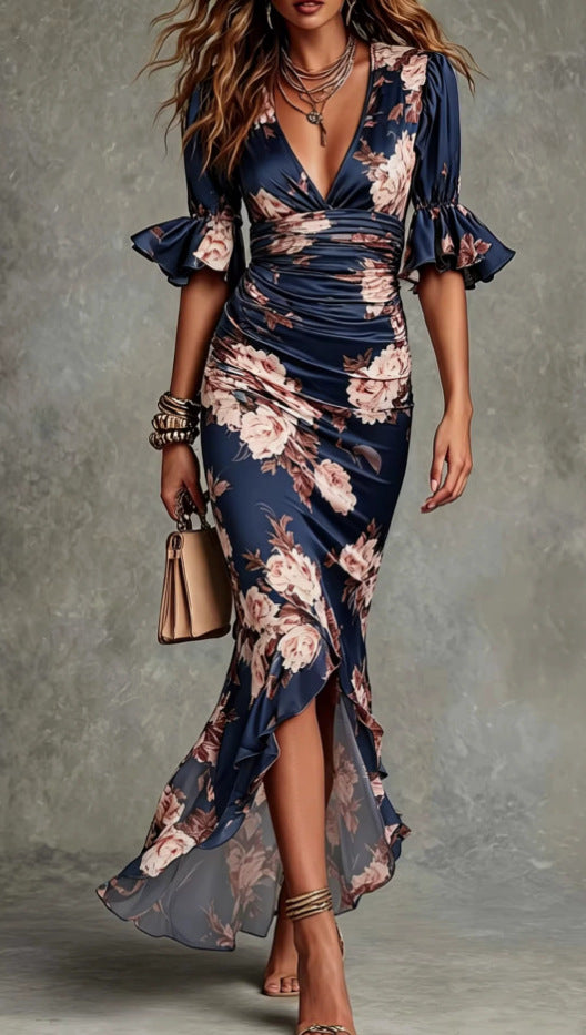 Women's Floral V-Neck Ruffle-Hem Maxi Dress