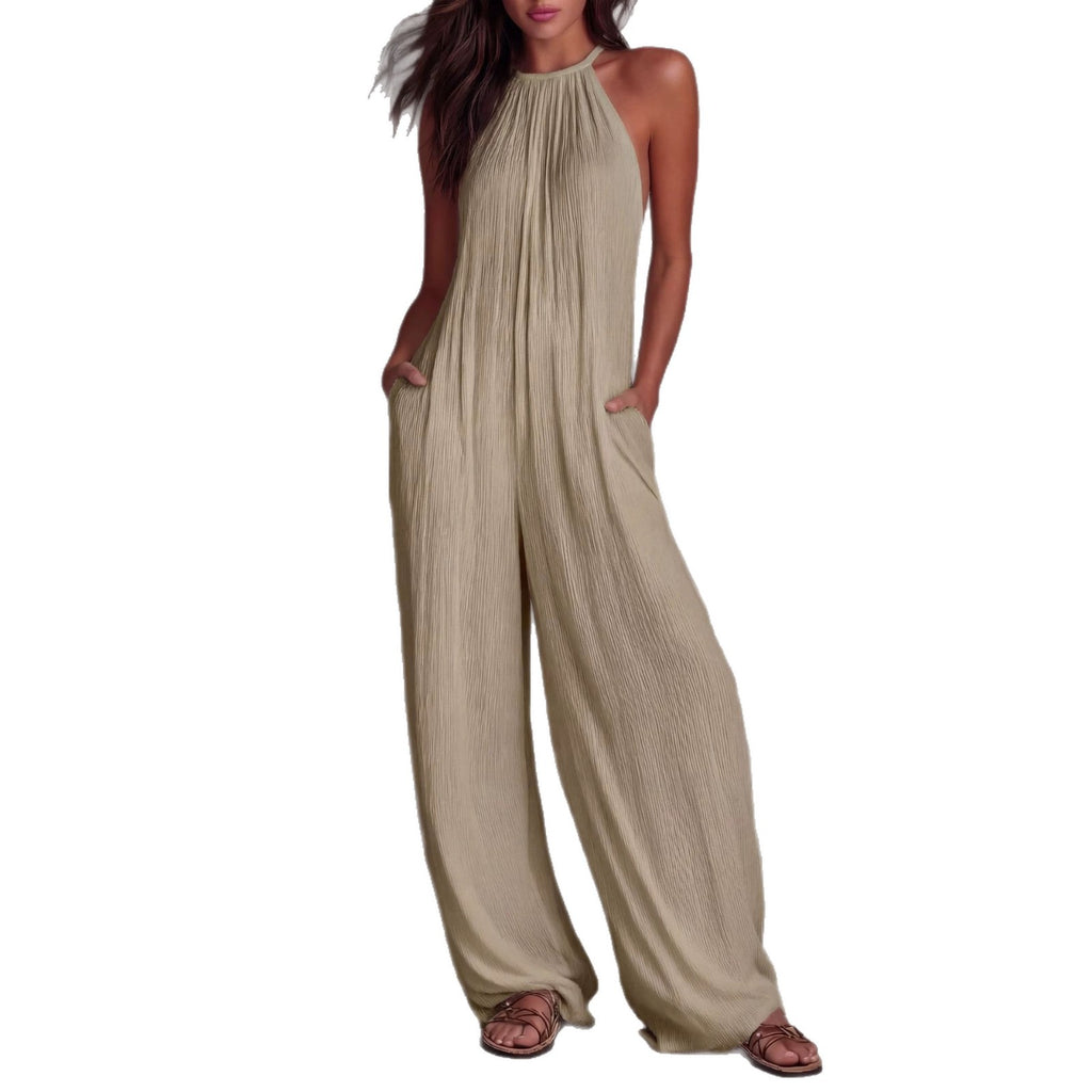 Becimi Women's Pleated Backless Halter Jumpsuit