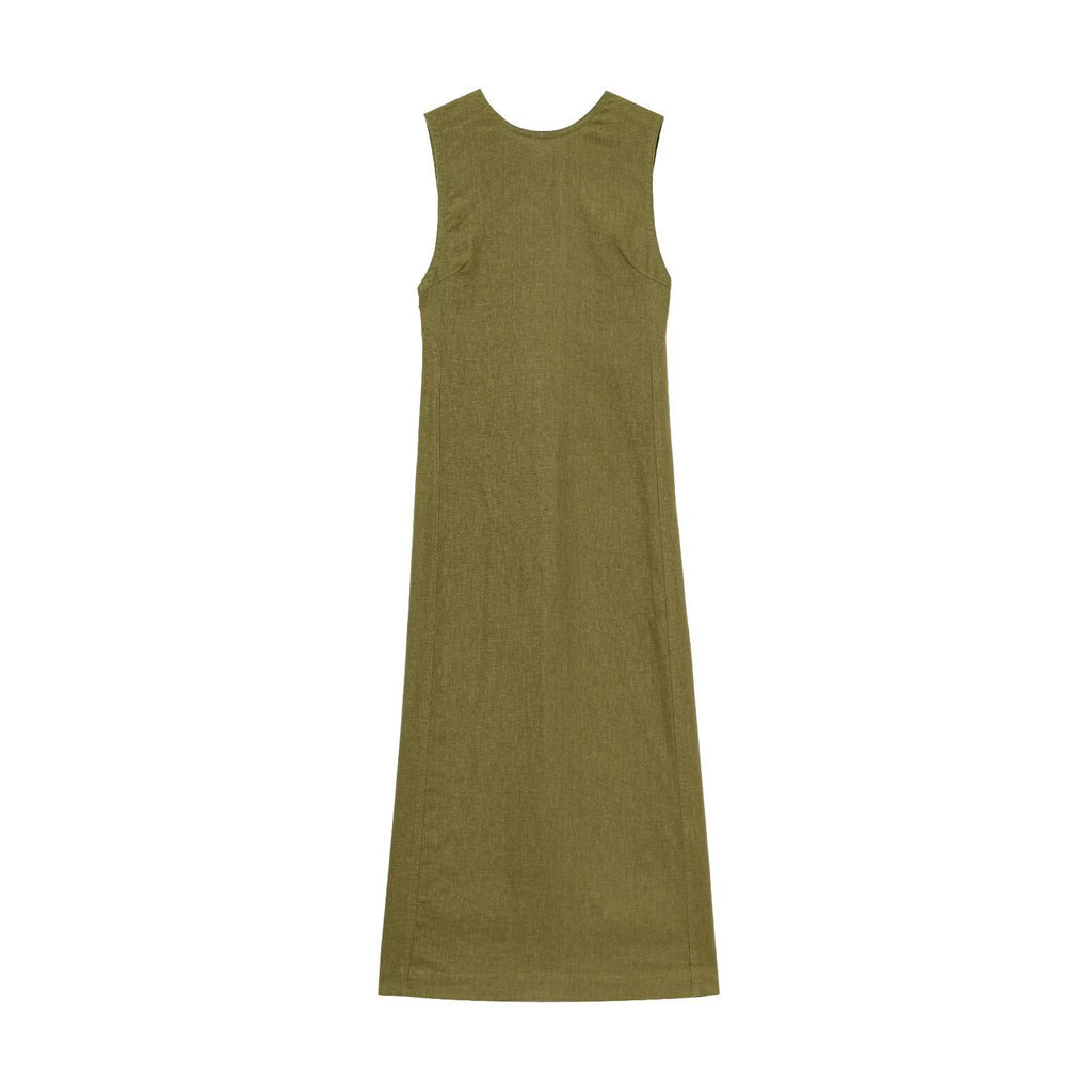 Women's Olive Green Linen Midi Dress