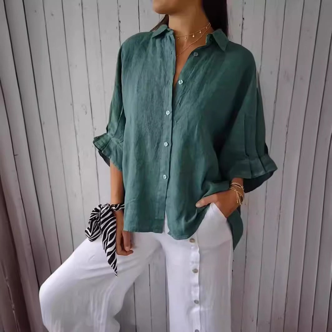 Women's Lace-Up Back Cotton-Linen Shirt