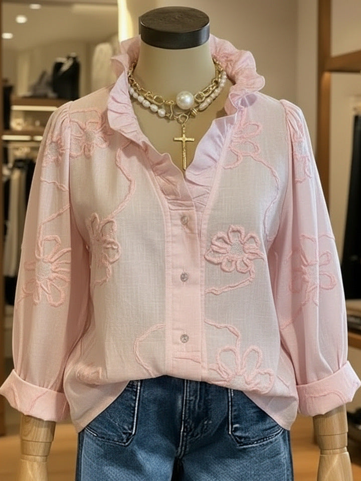 Women's Lace-Trim Printed Cotton-Linen Shirt