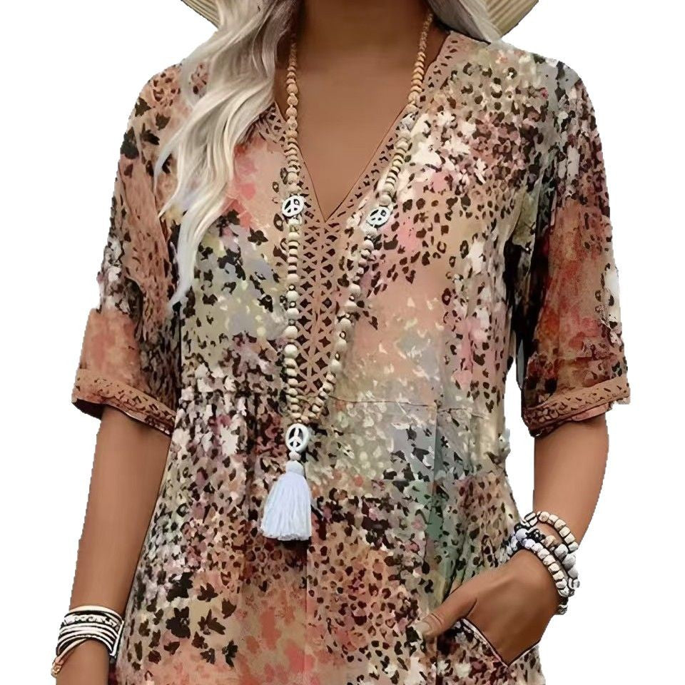 Becimi Women's Lace V-Neck Printed Dress