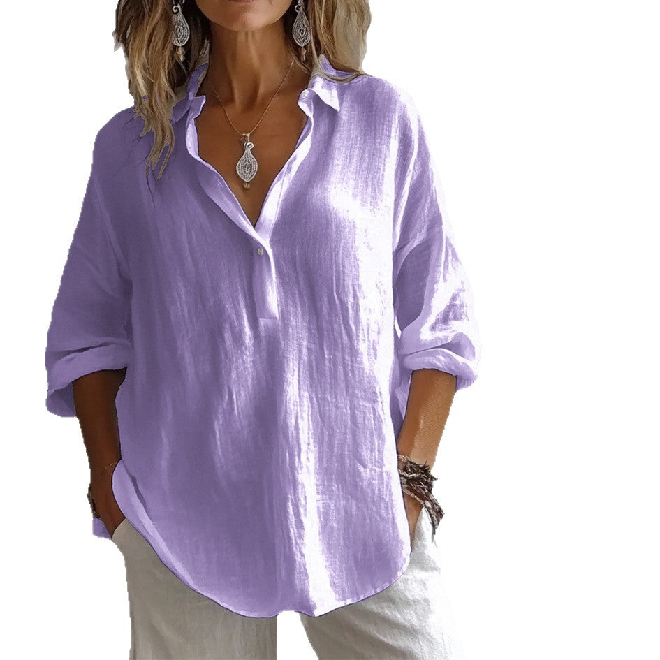 Casual Loose Plus Size V-Neck Long Sleeve Solid Color Shirt for Women