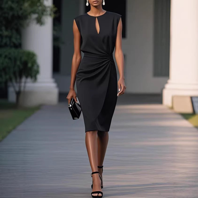 Solid color pleated waist cinched round neck hollow out women's dress