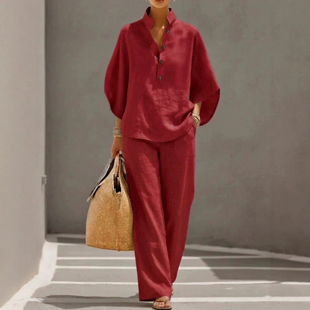 Women's V-Neck Top & Straight-Leg Pants Set