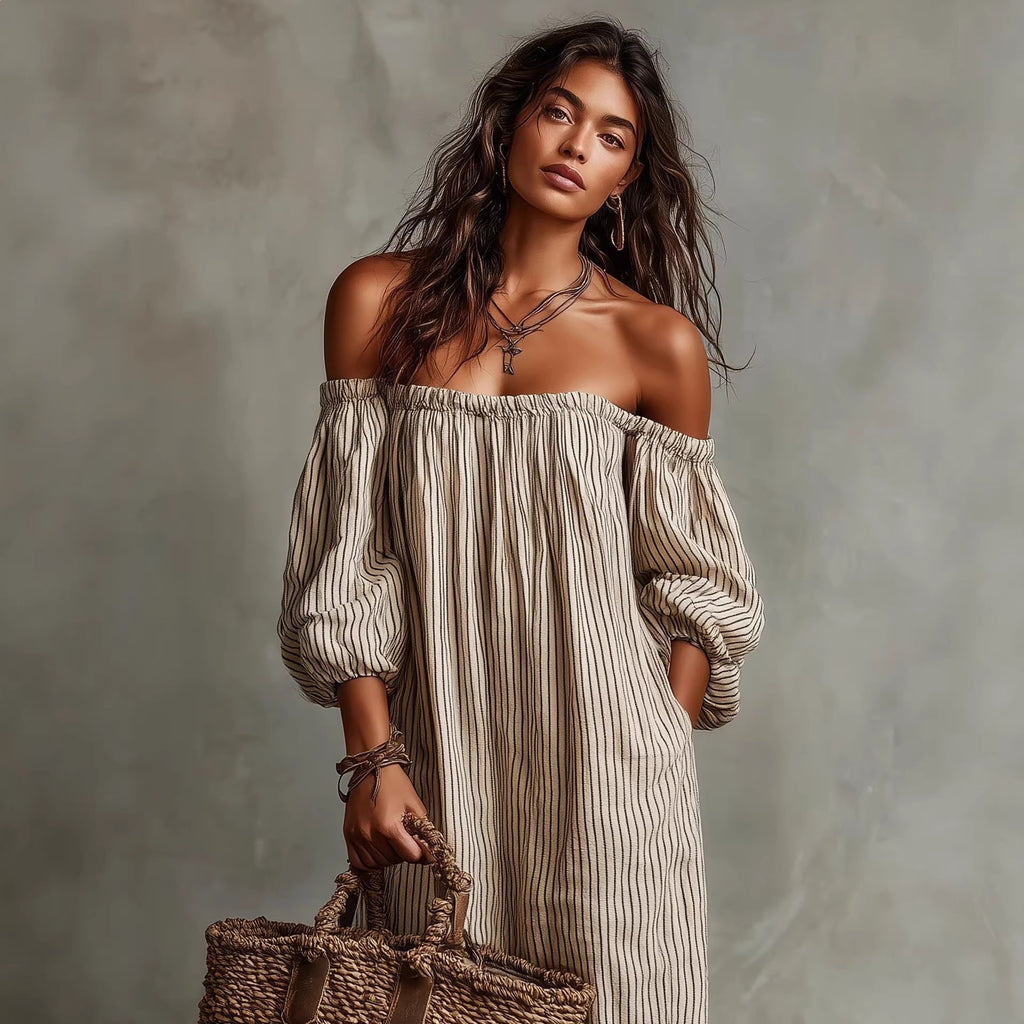 Becimi Women's One-Shoulder Striped Long Sleeve Dress