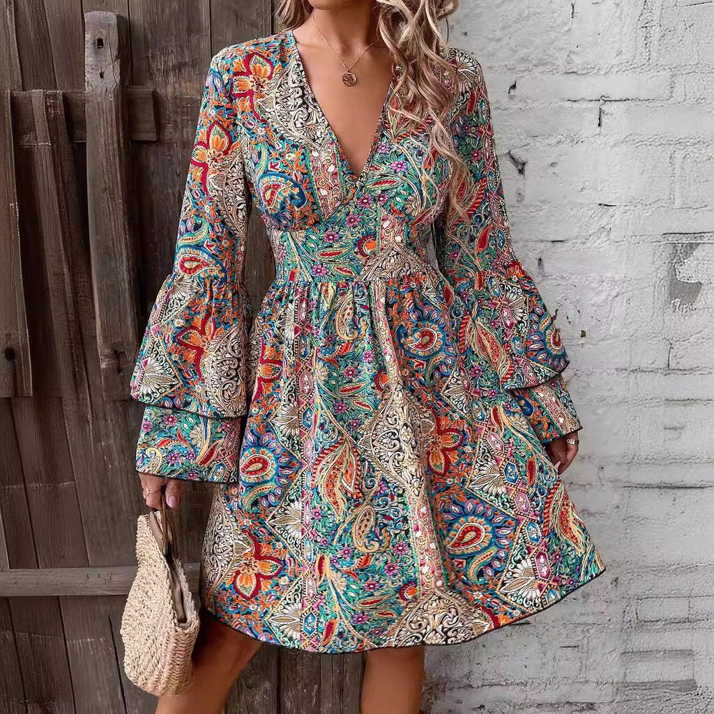Becimi Women's V-Neck Floral Long Sleeve Dress