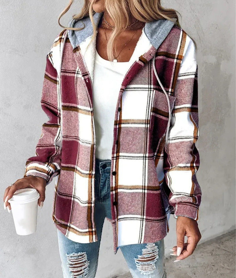 Women's Plaid Long Sleeve Hooded Coat