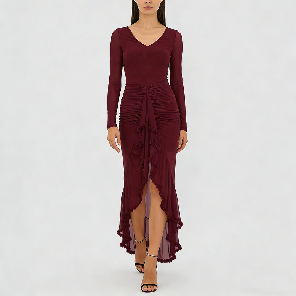 Becimi Women's Ruffle V-Neck Sheer Dress