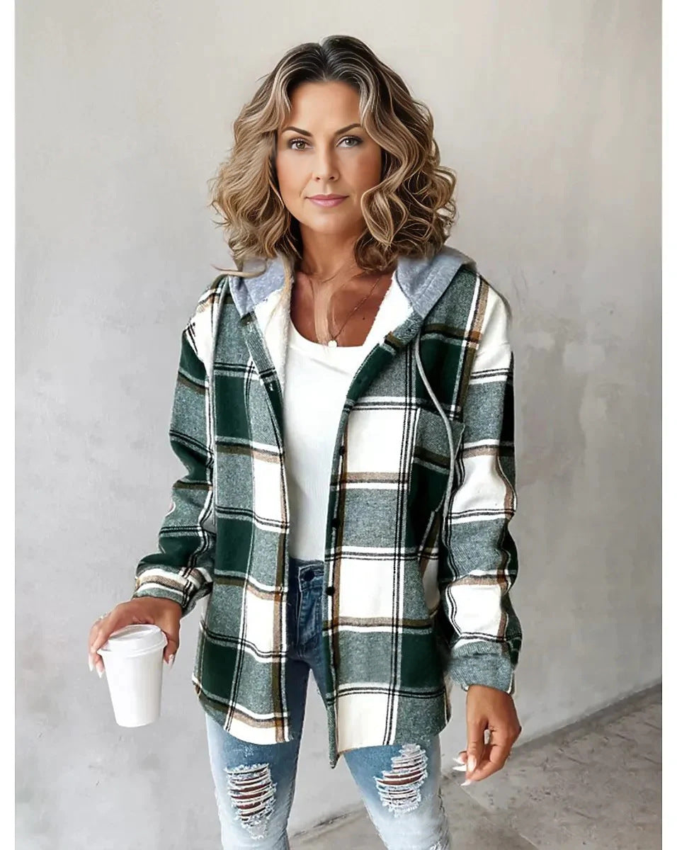 Women's Plaid Long Sleeve Hooded Coat