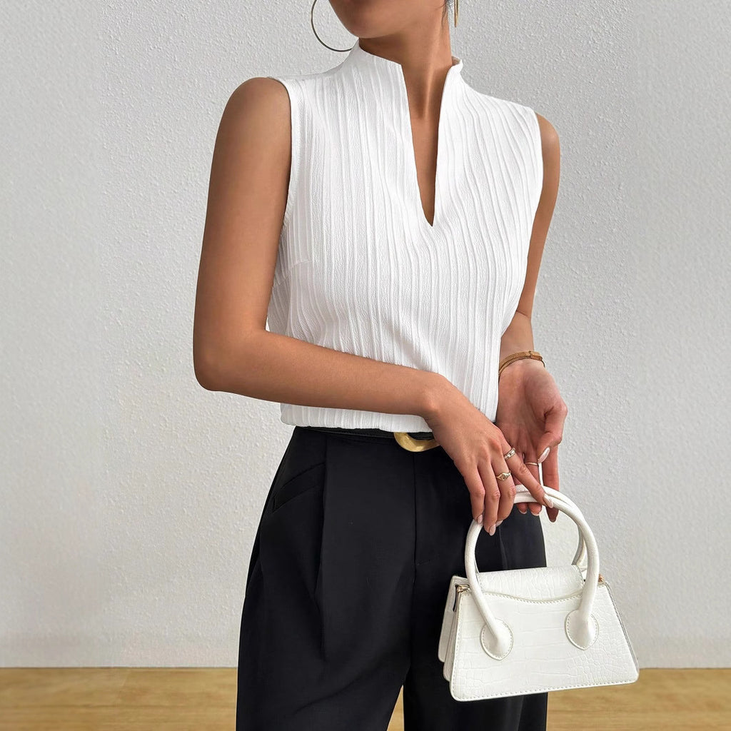 European and American Style Women's Top Pure Color V-neck Slim Fit Sleeveless Textured Short-sleeve Casual T-shirt