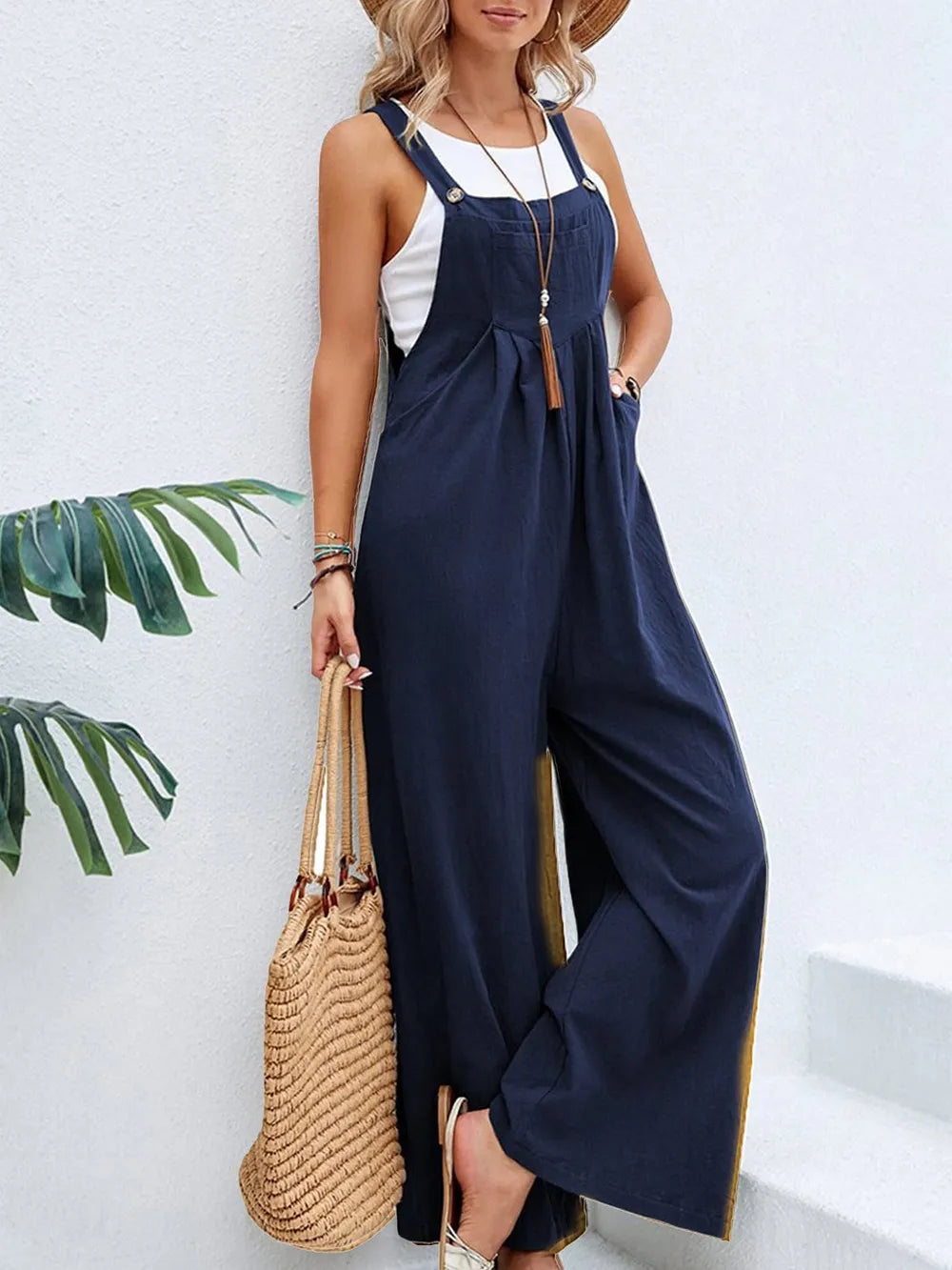 Women's Square-Neck Wide-Strap Overalls