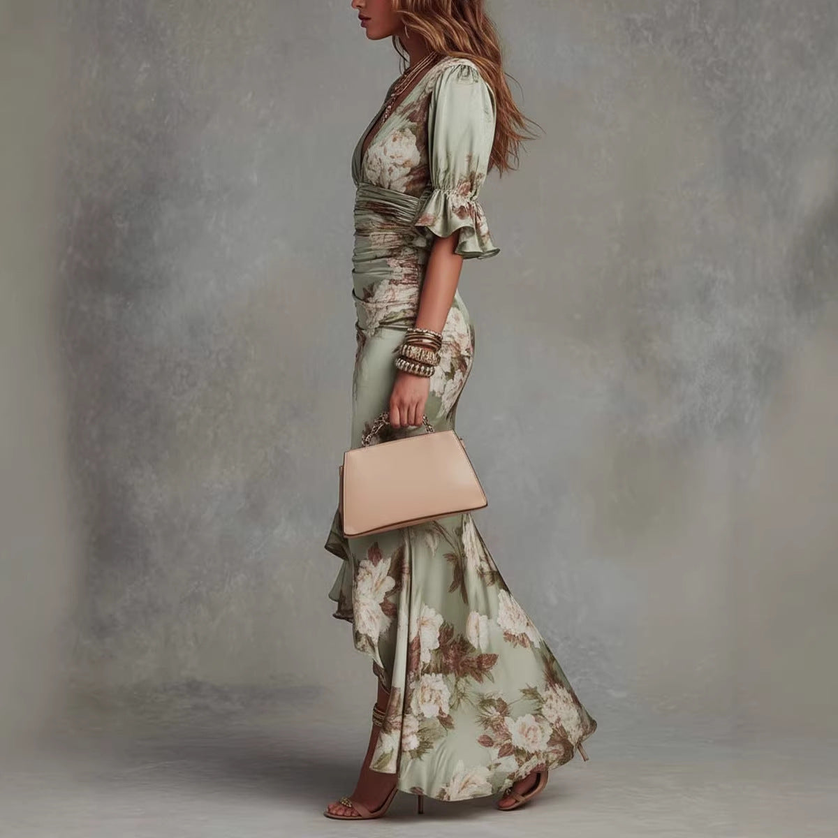 Women's Floral V-Neck Ruffle-Hem Maxi Dress