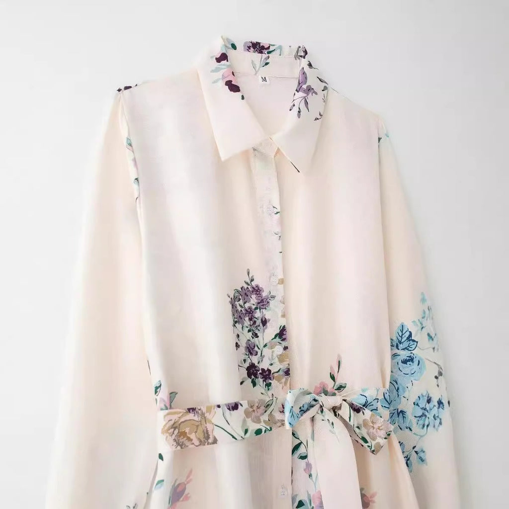 Women's Tie-Print Linen Shirt Dress