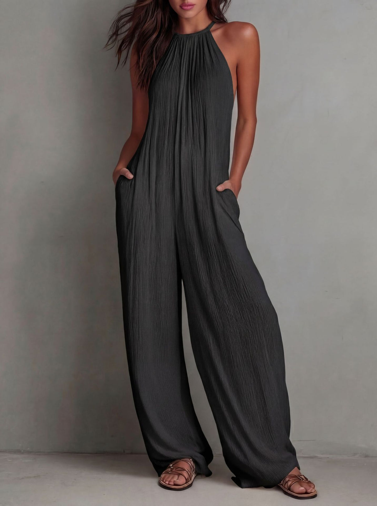 Women's Pleated Backless Halter Jumpsuit