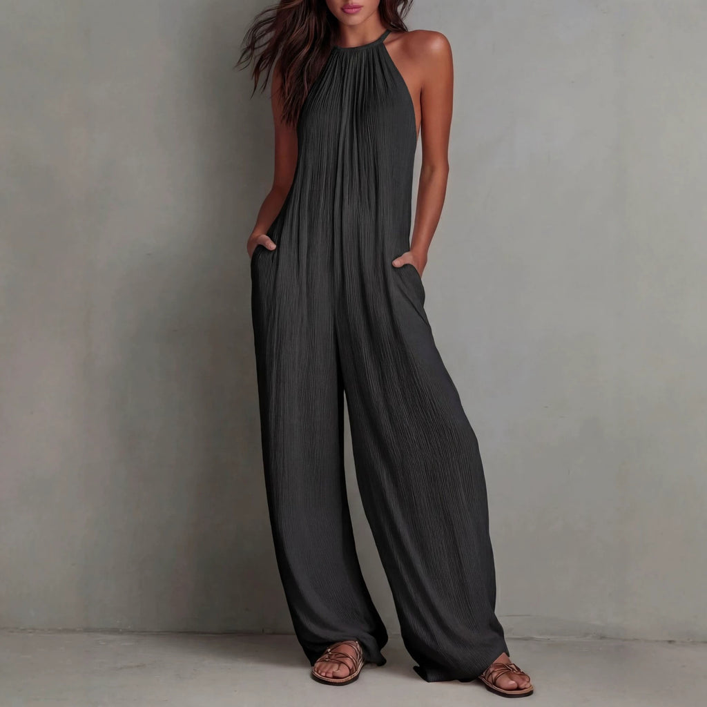 Becimi Women's Pleated Backless Halter Jumpsuit