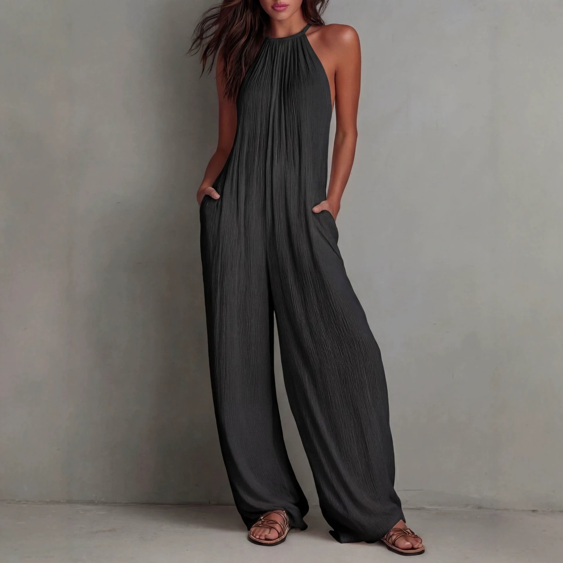 Becimi Women's Pleated Backless Halter Jumpsuit
