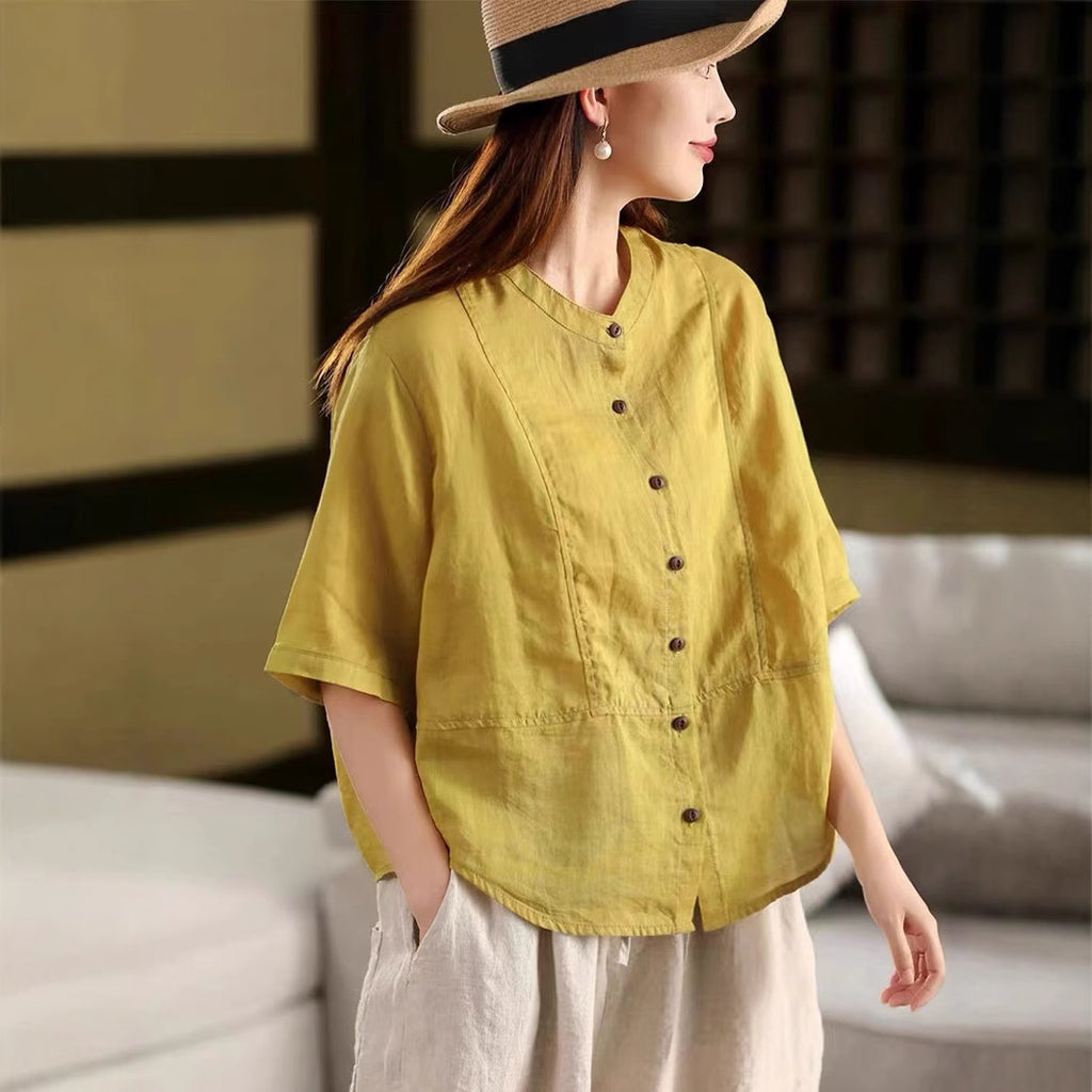 Retro High-Count Non-Sheer Ramie Shirt Women's Stand Collar Mid-Sleeve Blouse Three-Dimensional Splicing Top Thin Summer