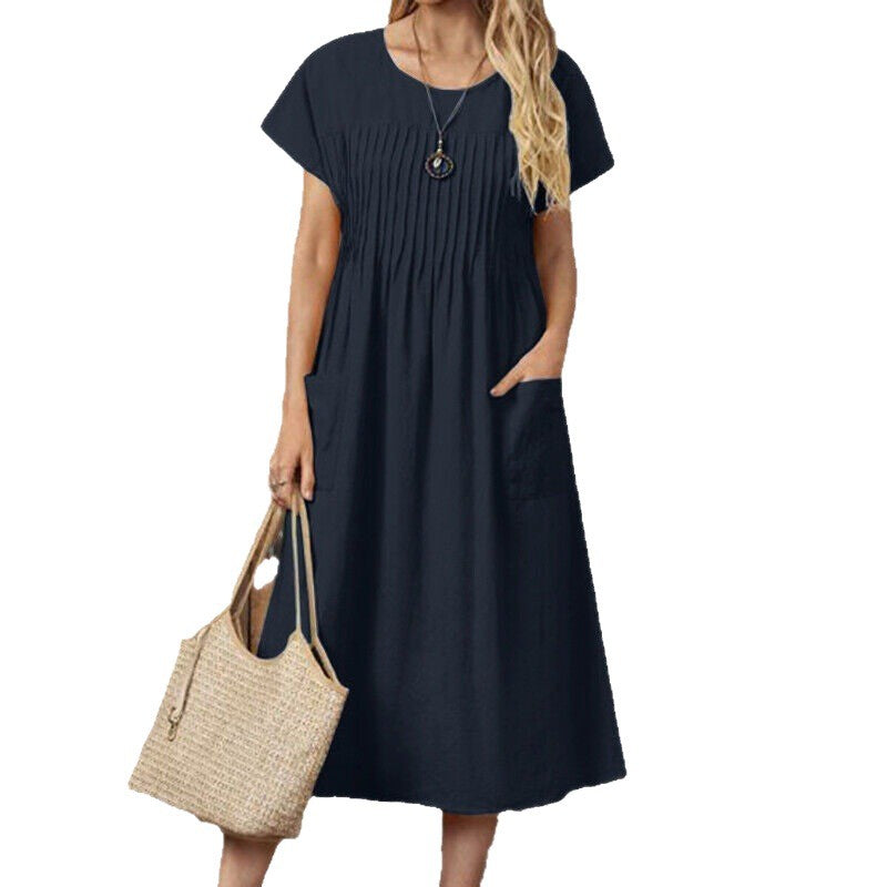 Summer  Women's Long Dress New Pure Color Pocket Pleated Short Sleeve Dress