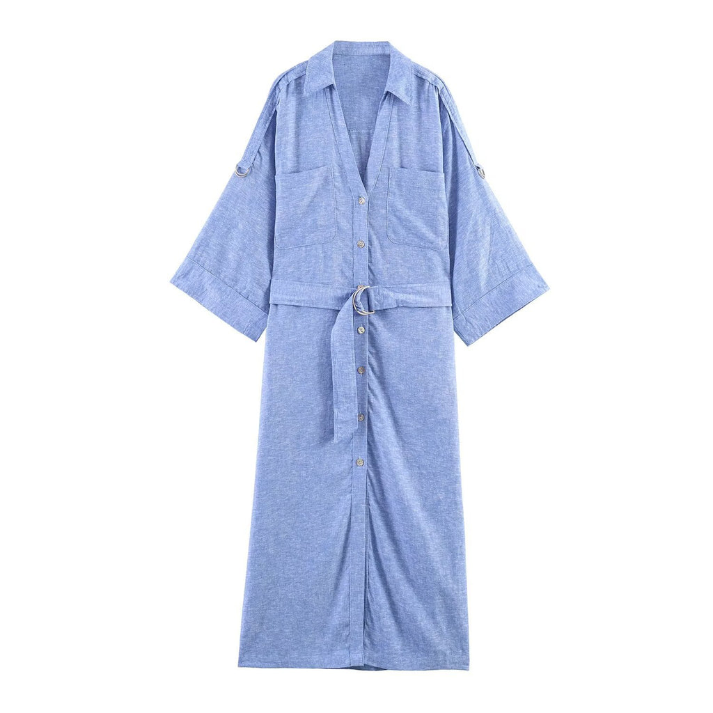 Women's Chic Belted Linen Midi Dress