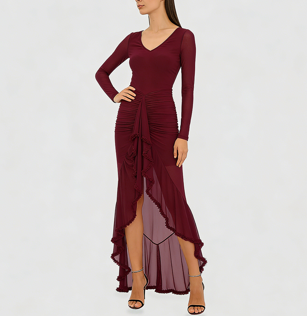 Becimi Women's Ruffle V-Neck Sheer Dress