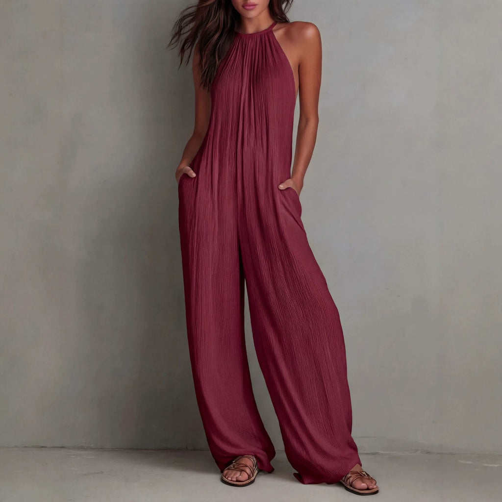 Becimi Women's Pleated Backless Halter Jumpsuit