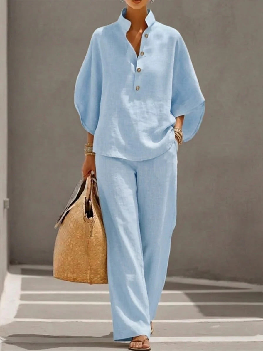 Women's V-Neck Top & Straight-Leg Pants Set