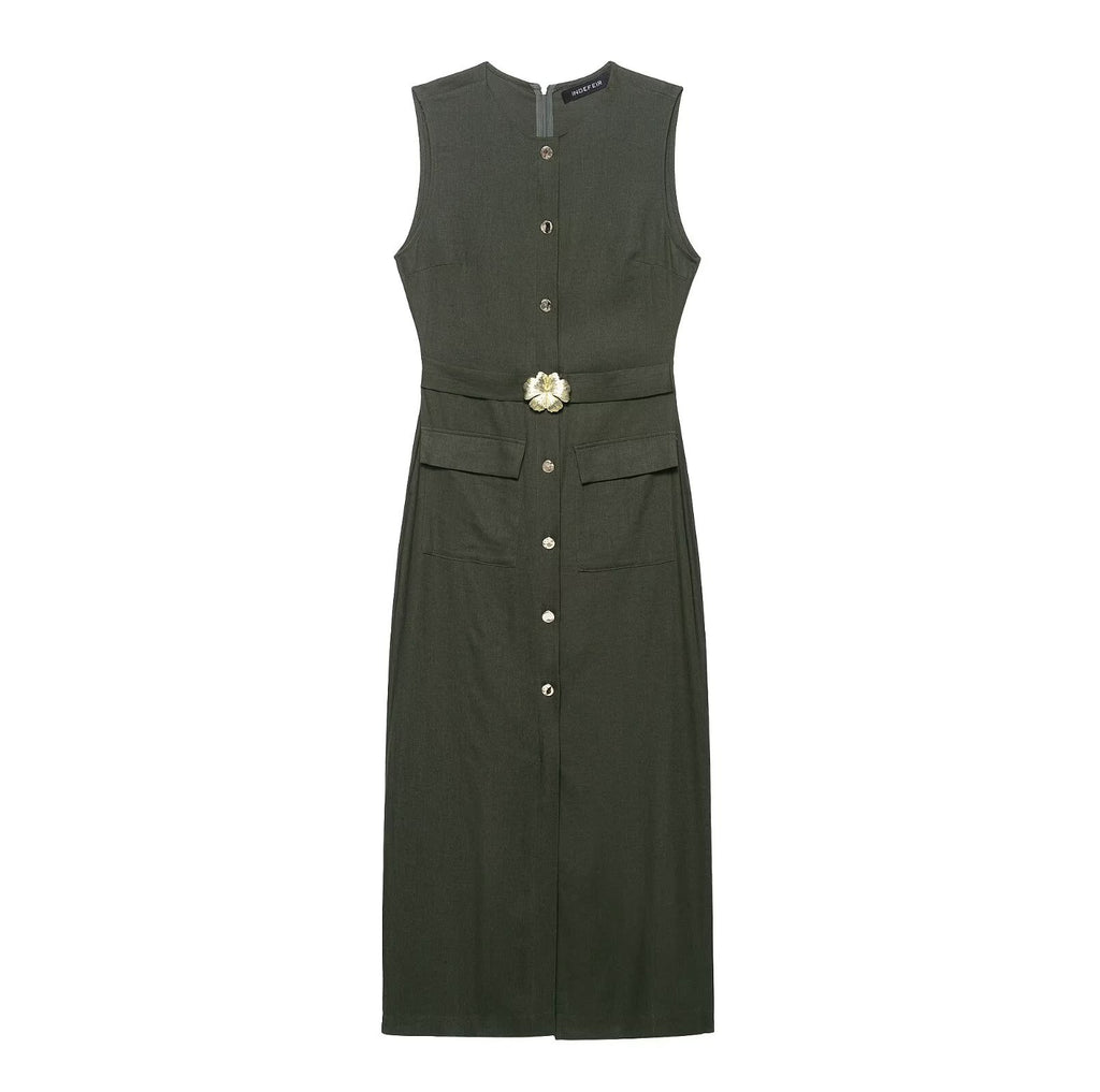 Women's Belted Sleeveless Linen Midi Dress
