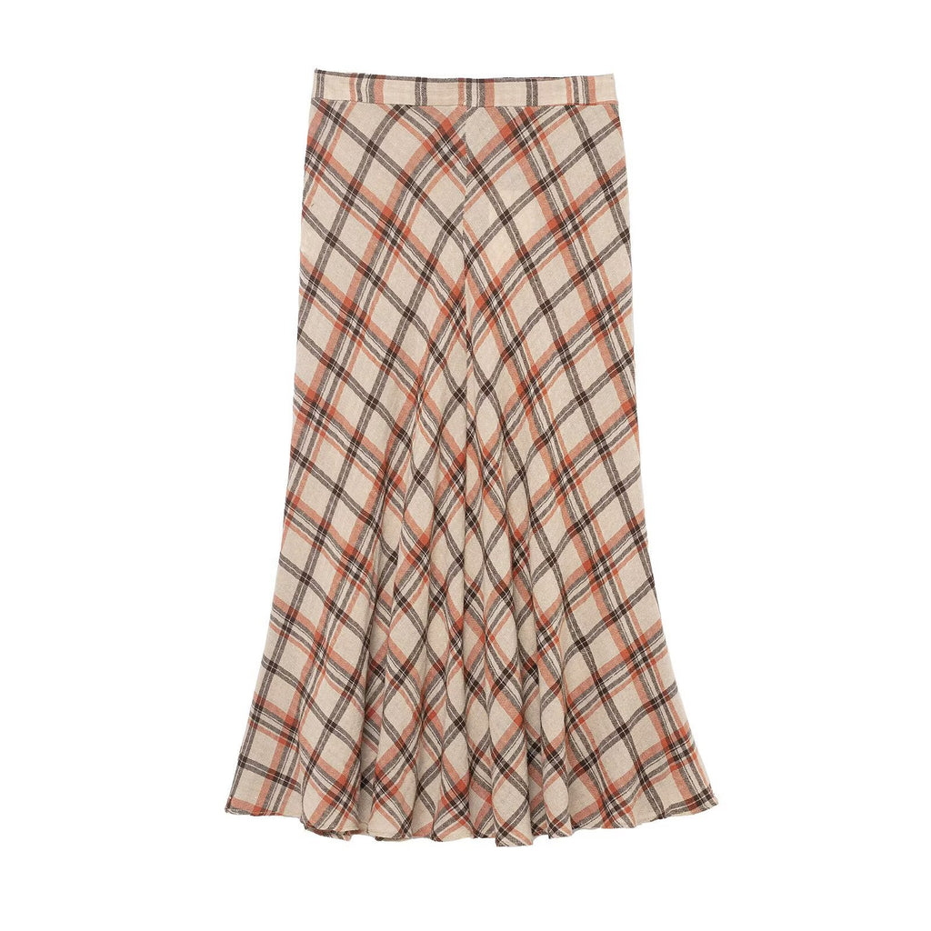 Women's Checked Cotton-Linen Fluted Skirt