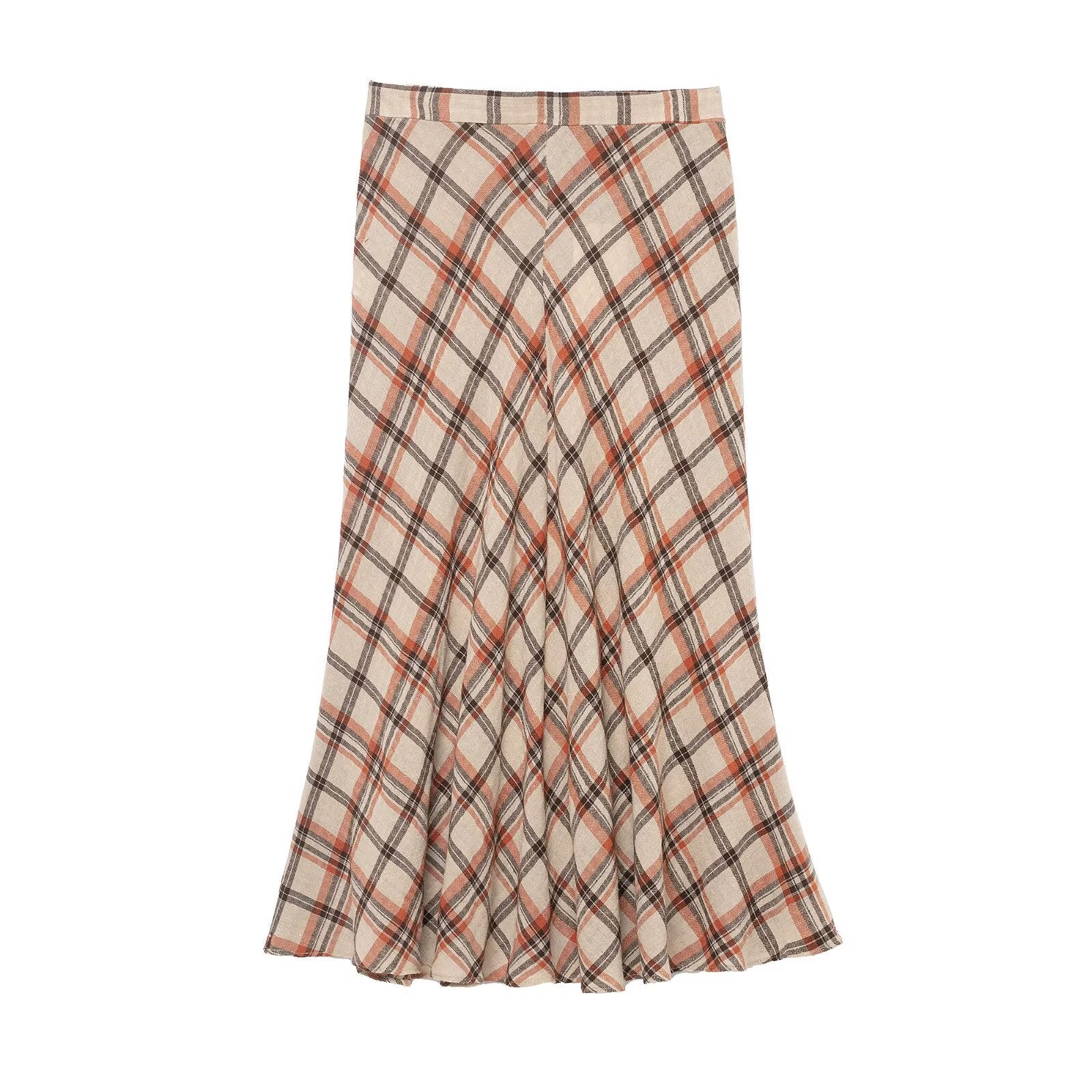 Women's Checked Cotton-Linen Fluted Skirt