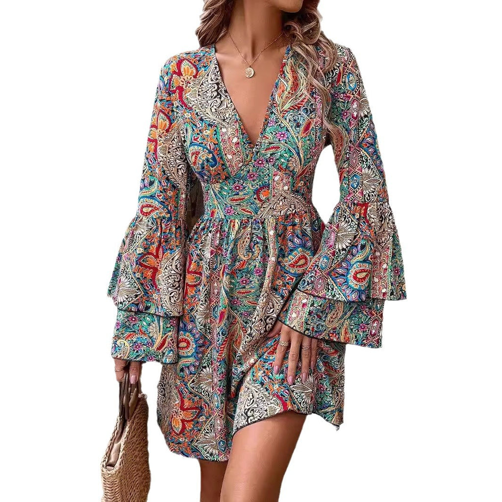 Becimi Women's V-Neck Floral Long Sleeve Dress