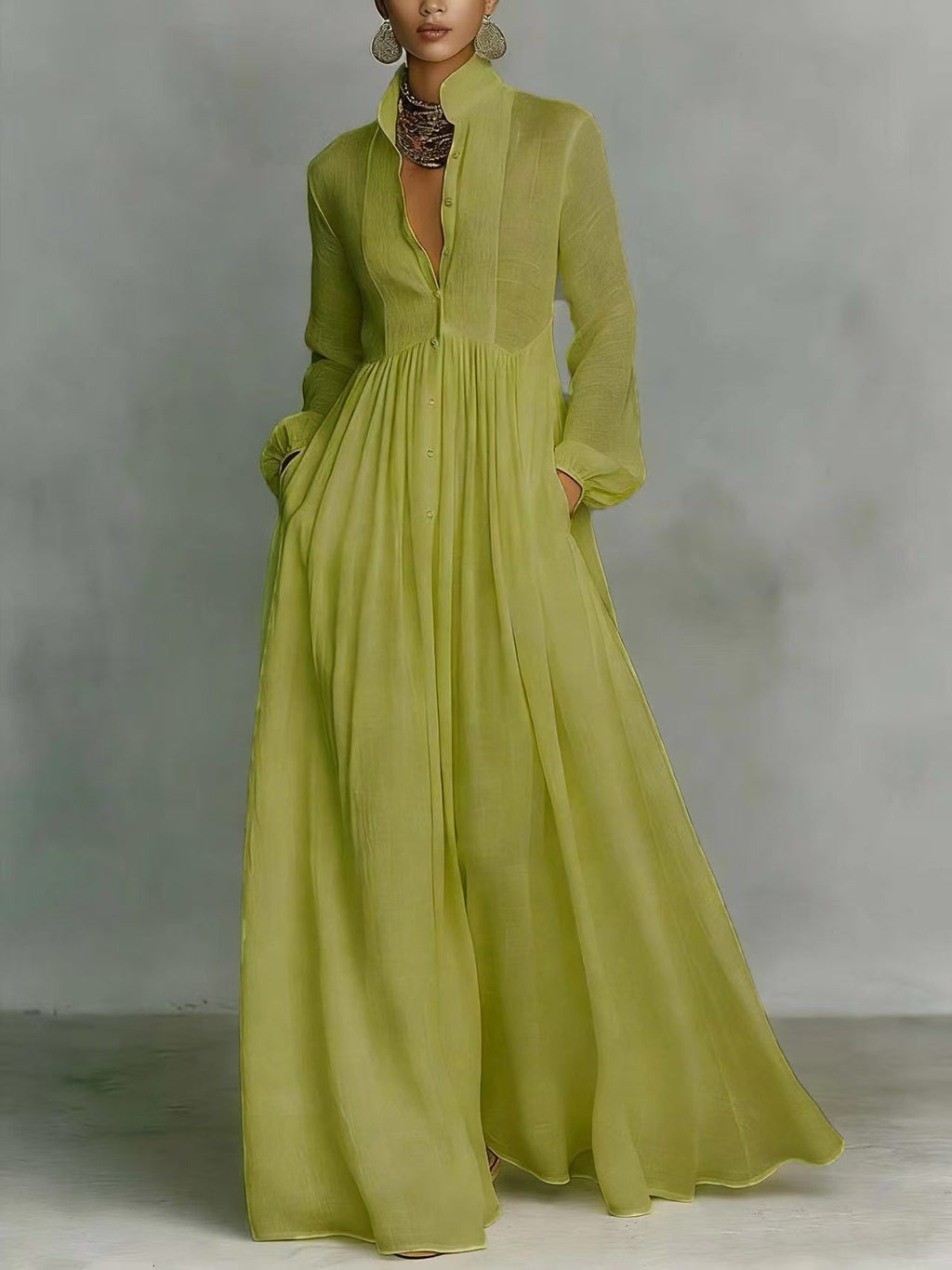 Becimi Women's Pleated Long Sleeve Maxi Dress