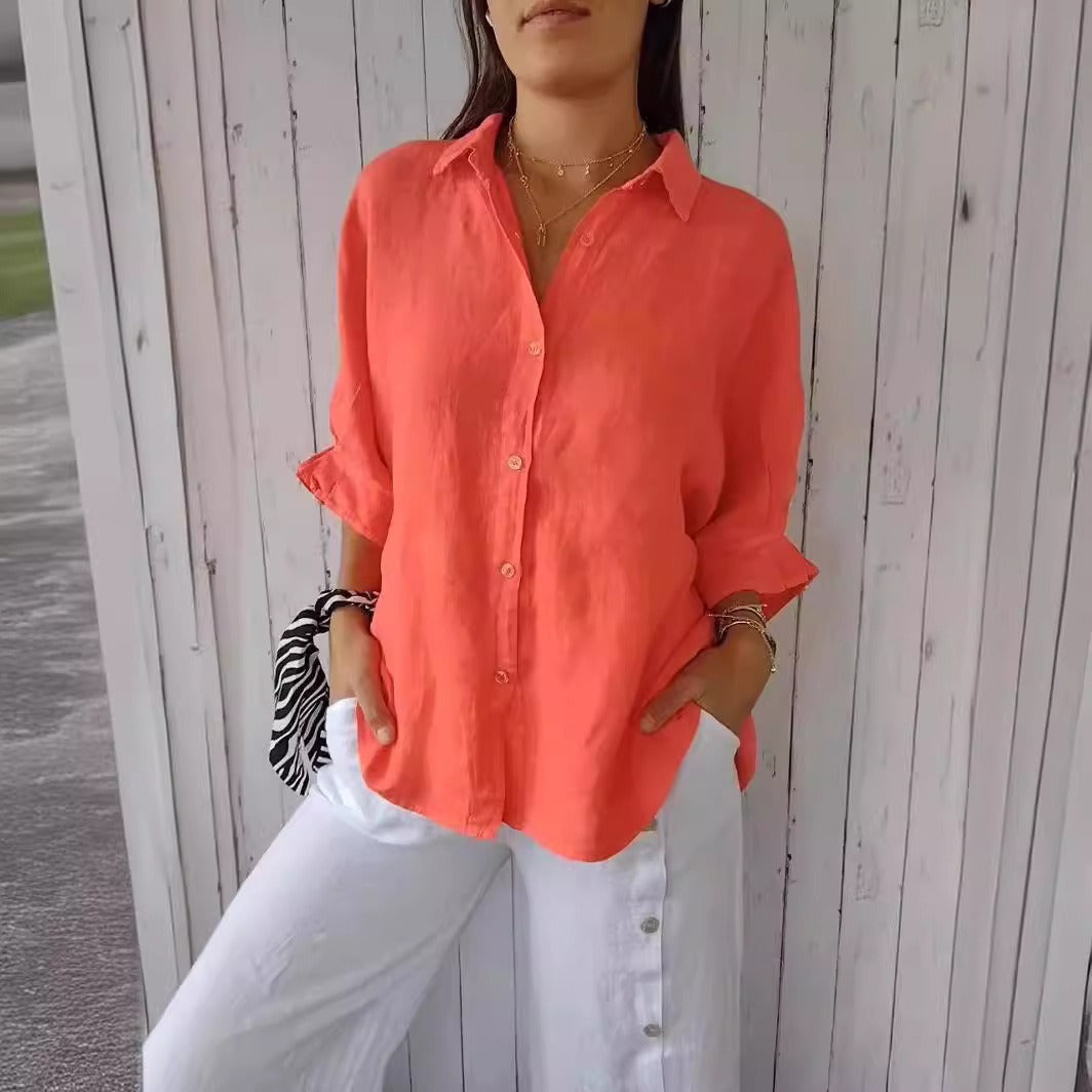 Women's Lace-Up Back Cotton-Linen Shirt