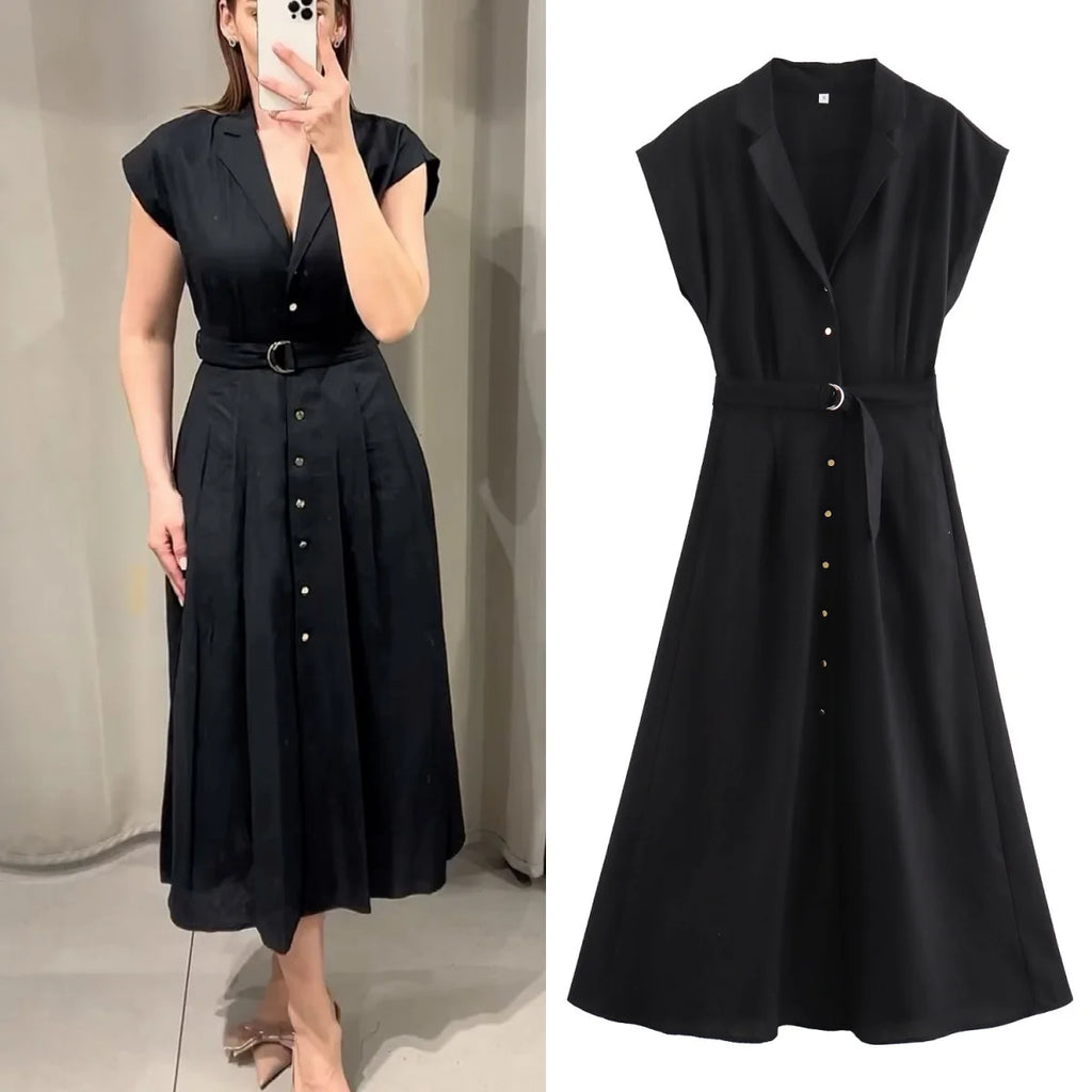 Women's Linen Blend Midi Shirt Dress
