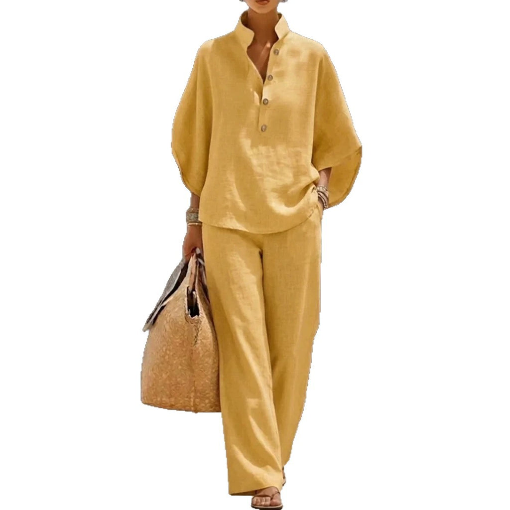 Women's V-Neck Top & Straight-Leg Pants Set