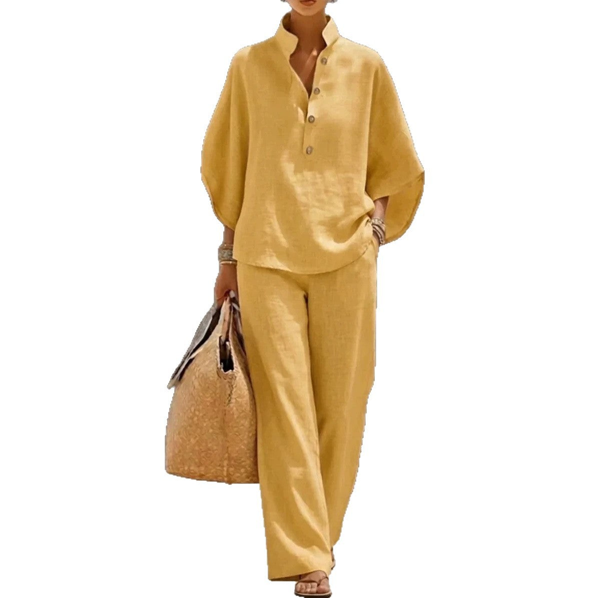Women's V-Neck Top & Straight-Leg Pants Set