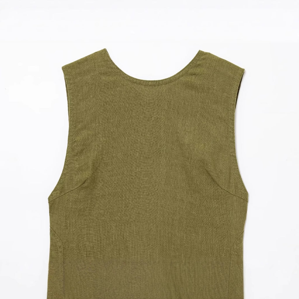 Women's Olive Green Linen Midi Dress