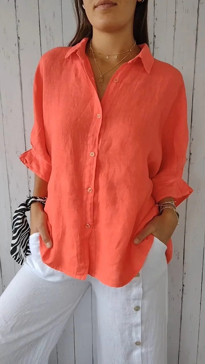 Women's Lace-Up Back Cotton-Linen Shirt