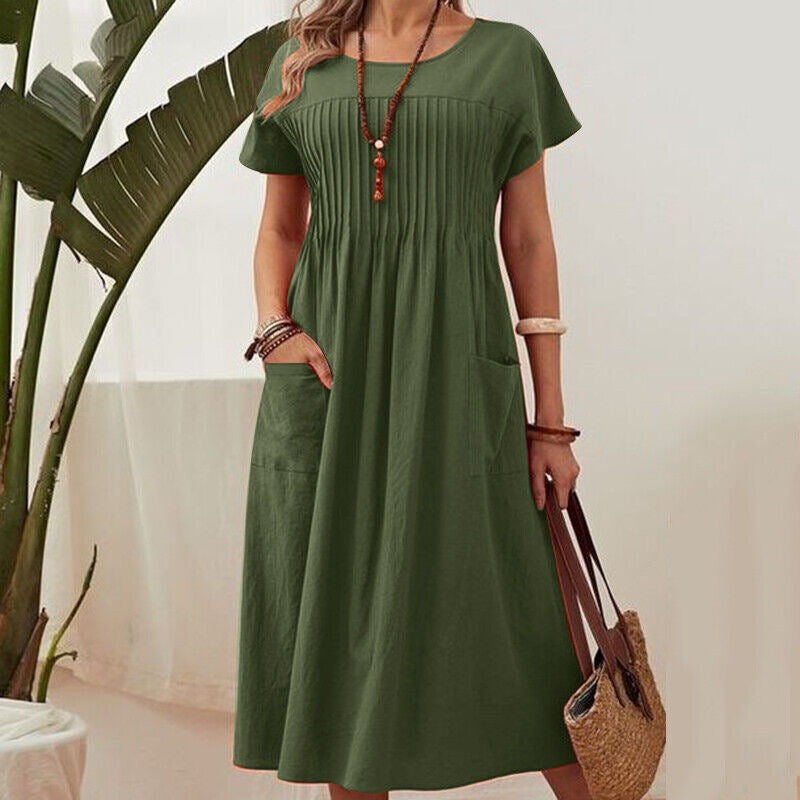 Summer  Women's Long Dress New Pure Color Pocket Pleated Short Sleeve Dress