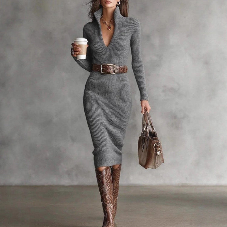 Women's Belted Long Sleeve Midi Dress