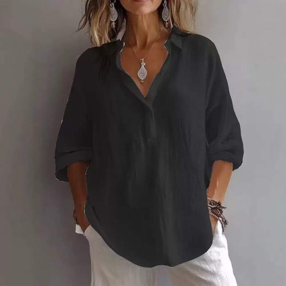 Casual Loose Plus Size V-Neck Long Sleeve Solid Color Shirt for Women